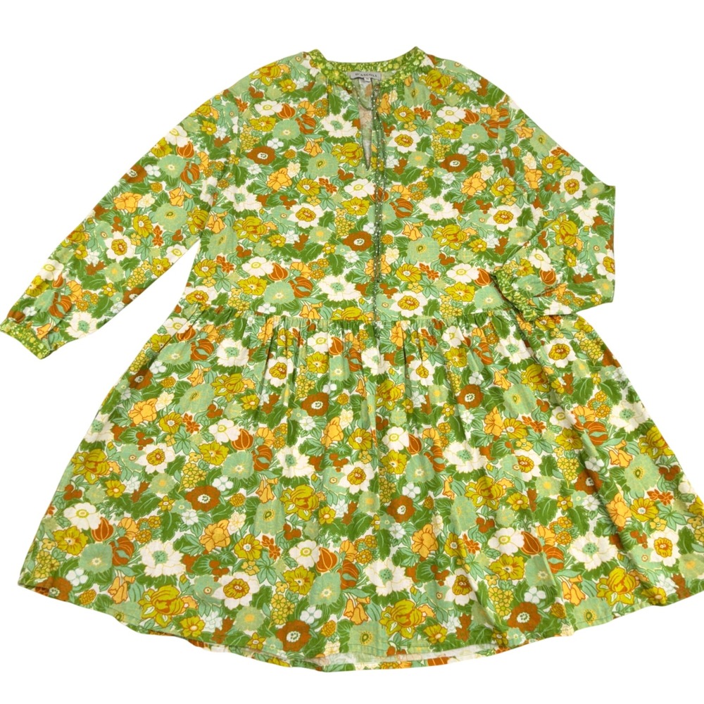 D'Ascoli Green Floral Cotton Hand Woven Mini Dress Womens Medium Boho Tassel Tie